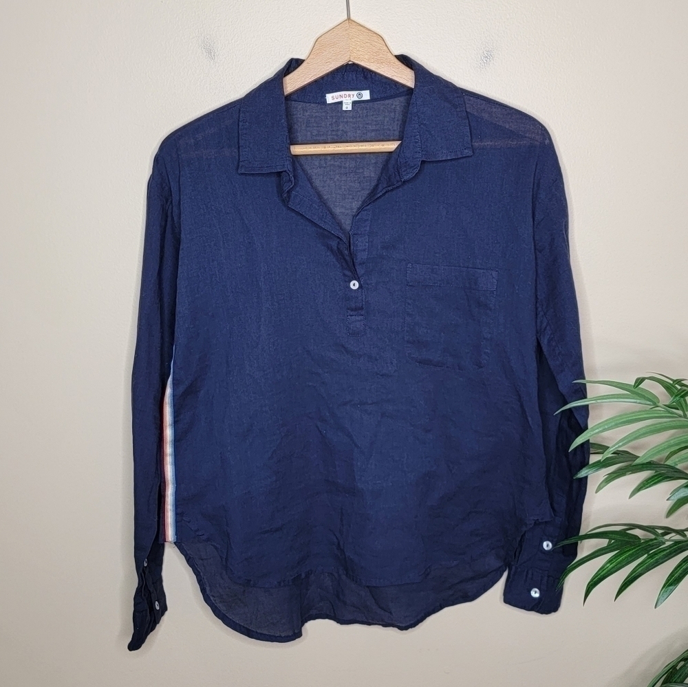 Sundry Navy Blue Thin Popover Shirt with Rainbow Side Stripes Size 0 XS